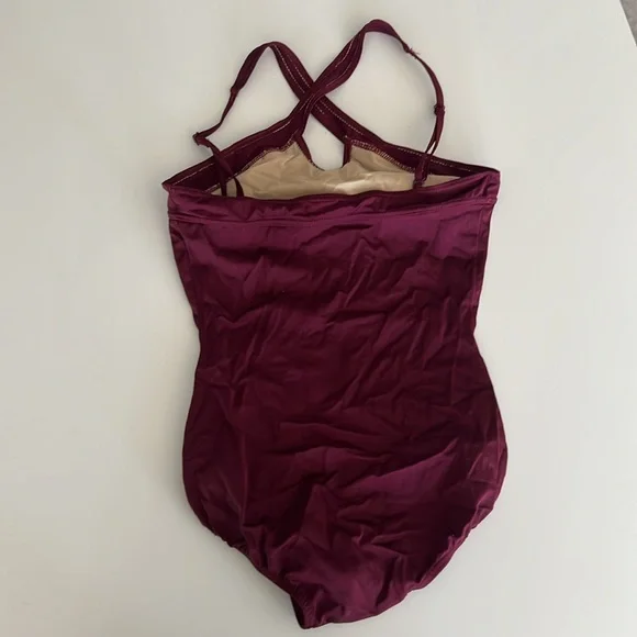 Cross Over Neck Leotard, Color Merlot, Style P500 Premiere Collection Size M - Picture 2 of 6
